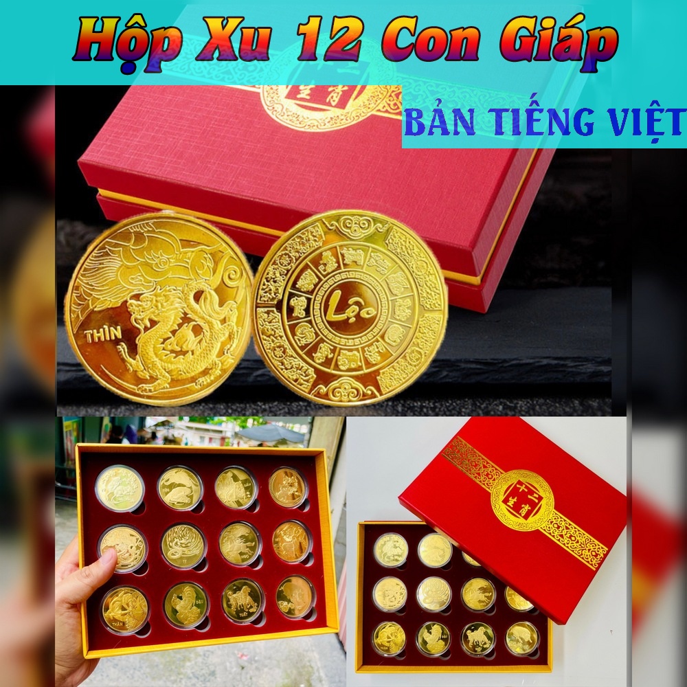 Hình ảnh Bộ Quà Tặng Hộp Xu 12 Con Giáp Phong Thuỷ May Mắn, chiêu tài chiêu lộc - Bản Tiếng Việt, Tiền lì xì tết 2023 , NELI