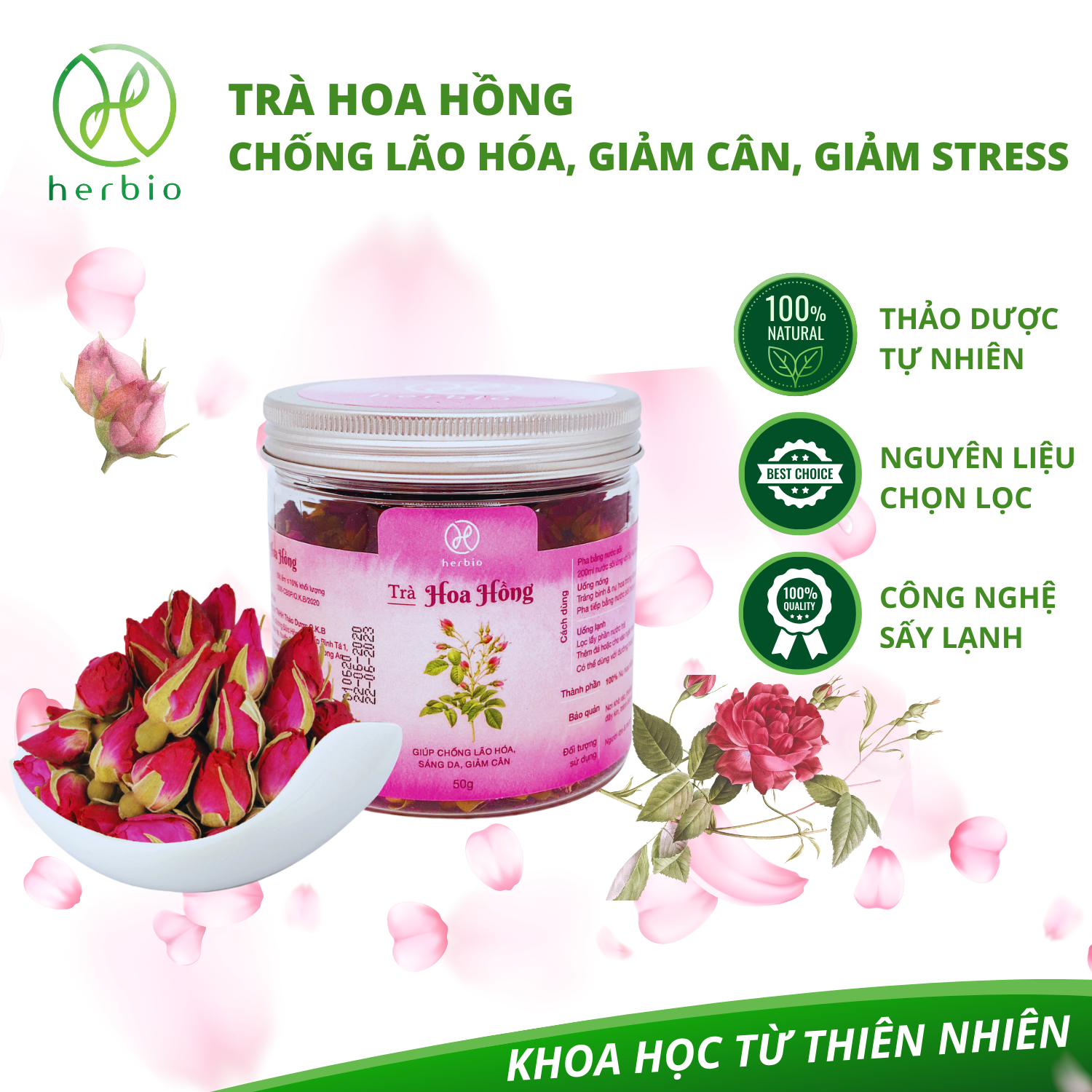 Trà Thảo Mộc Nụ Hoa Hồng Herbio - Chống Oxy Hóa, Làm Đẹp Da, Giảm Căng Thẳng, Ngủ Ngon Hộp 50Gram