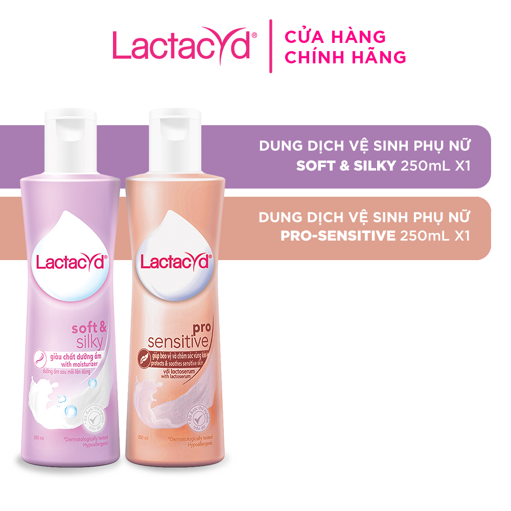 Bộ Dung Dịch Vệ Sinh Phụ Nữ Lactacyd Soft &amp; Silky Dưỡng Ẩm 250ml + Pro Sensitive Cho Da Nhạy Cảm 250ml