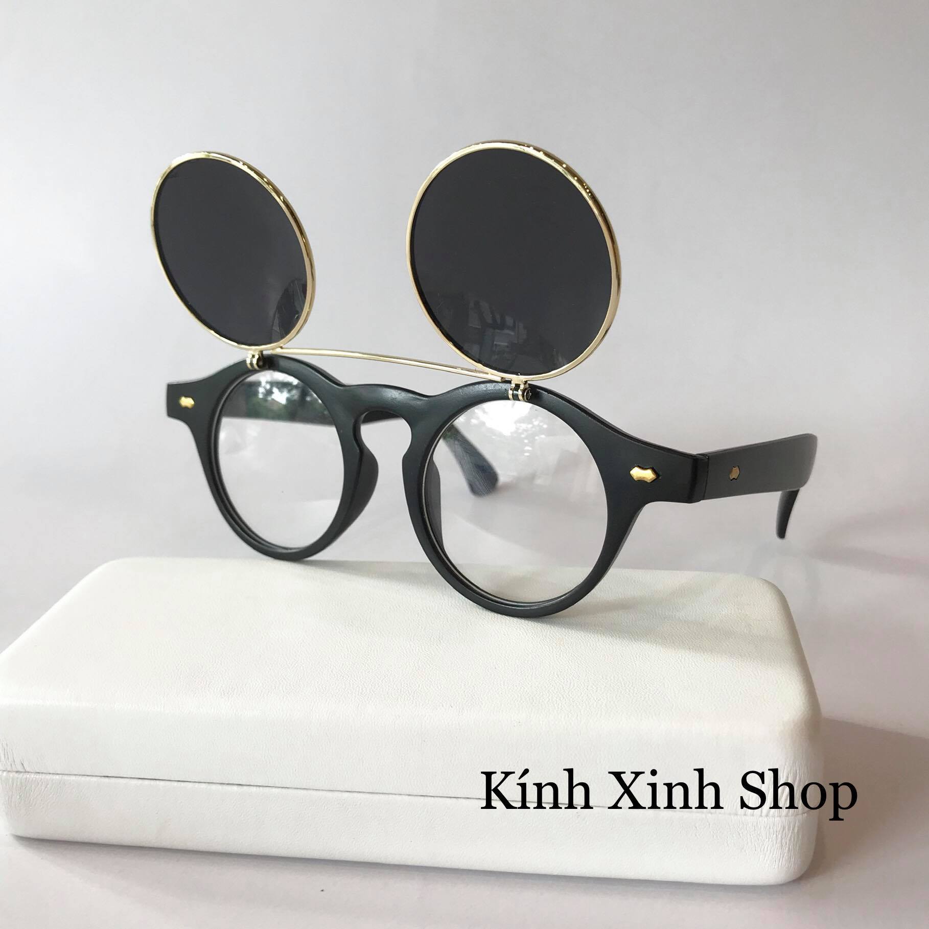 Kính Mát Nam Nữ Mắt Tròn Nhỏ 2 Tròng Lật Nắp Kính Râm Thầy Bói