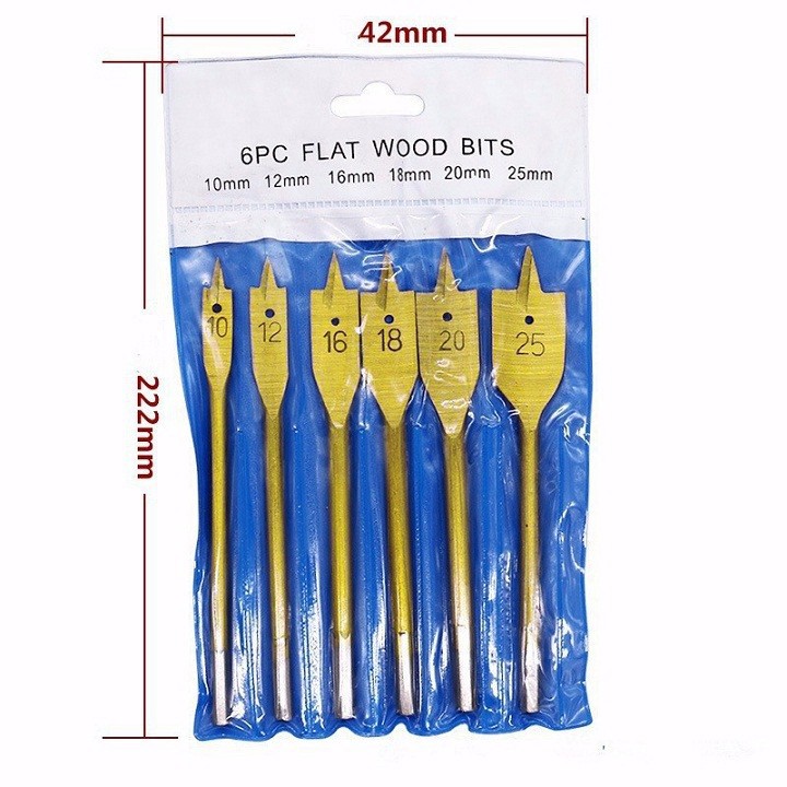 Bộ 6 Mũi Khoan Khoét Gỗ Hình Đuôi Cá Mạ Vàng Chuyên Dụng 10 - 25mm