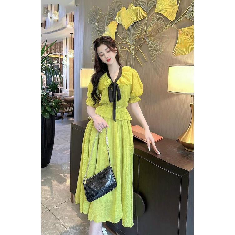 Đầm midi cao cấp cổ bèo cột nơ tay phồng