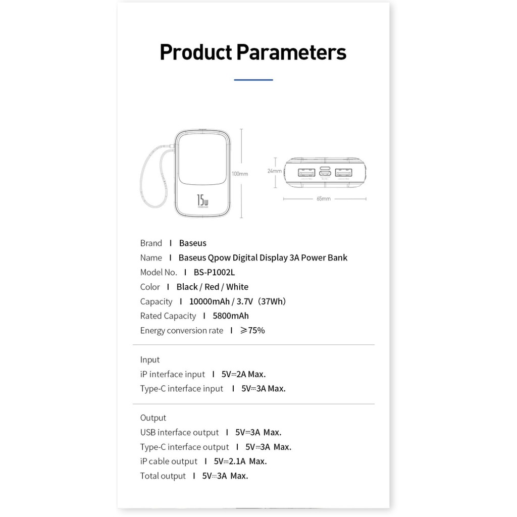 Pin Sạc Dự Phòng BS-P1001L 10000mah Power Bank 3A Công Suất 15W Tích Hợp Cáp Sạc Cho IP, hỗ trợ sạc nhanh - Hàng Chính Hãng