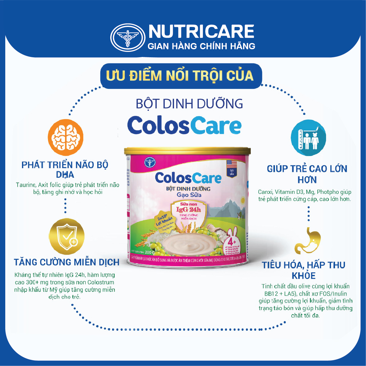 Bột ăn dặm Nutricare Coloscare Gạo sữa, sữa non IgG 24h 200g