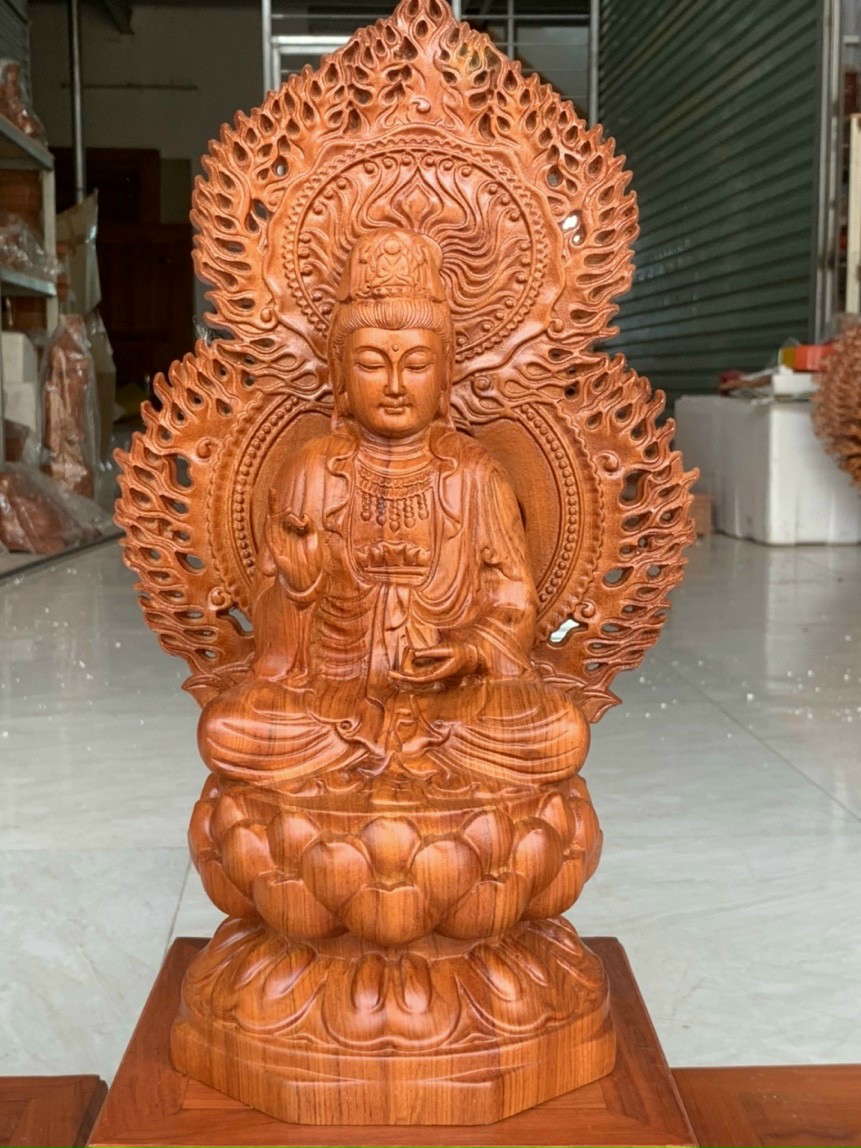 Bộ tượng phật tam thánh tây phương bằng gỗ hương đá kt cao 30×16×16cm +lá chắn hòa quang cao tổng 41×24cm