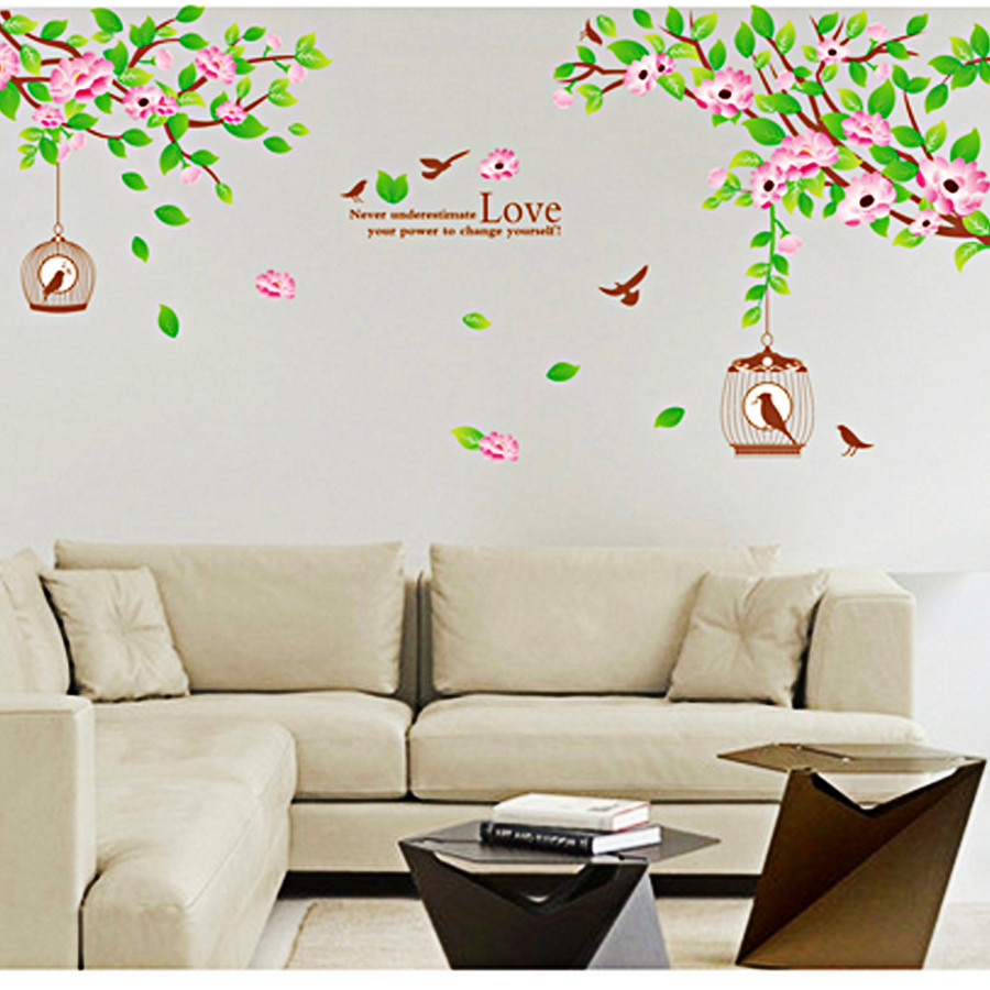 Decal dán tường cây hoa và lồng chim chữ love