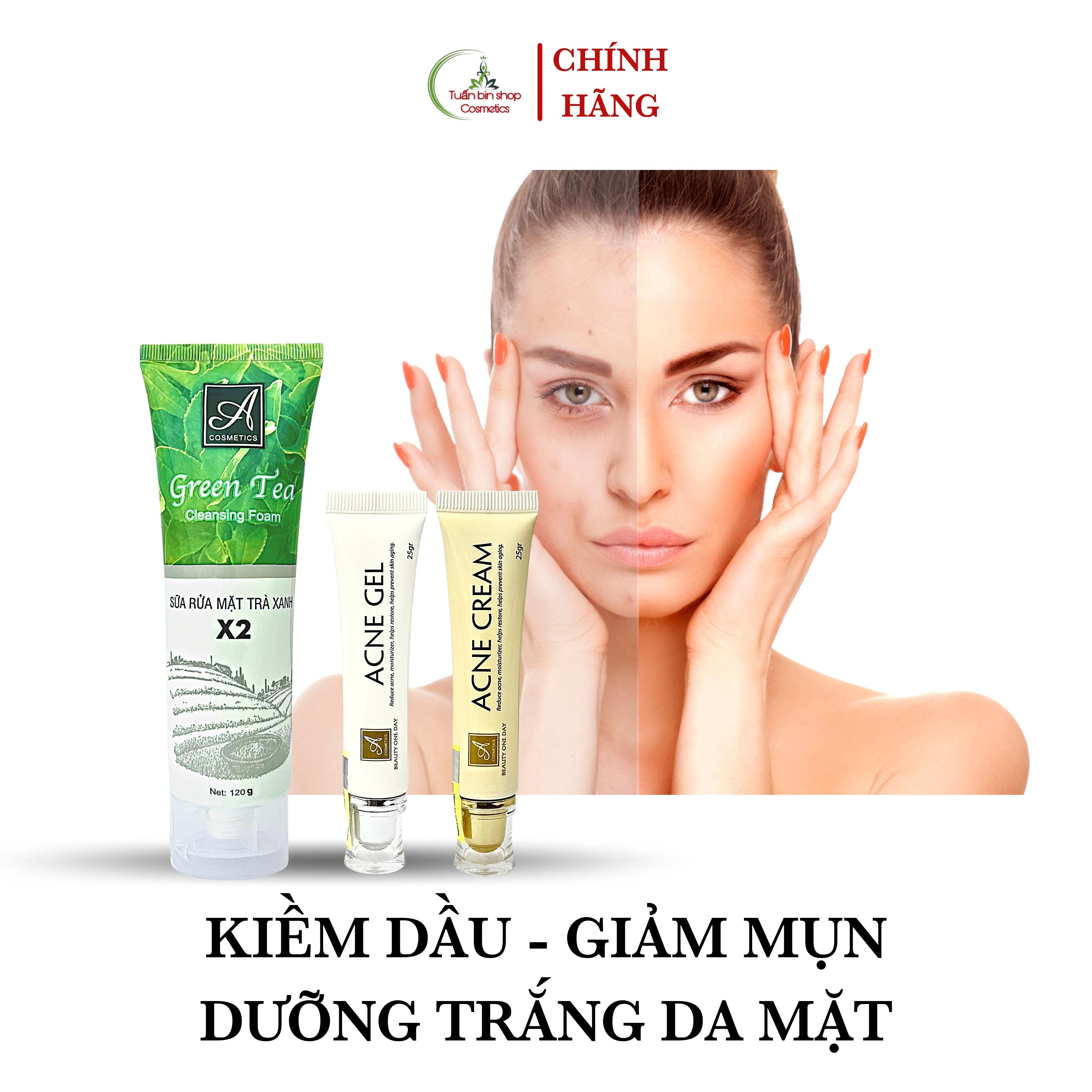 Combo kem giảm mụn, kiềm dầu Acosmetics, kem giảm mụn siêu tốc độ, sữa rửa mặt trà xanh x2 170g