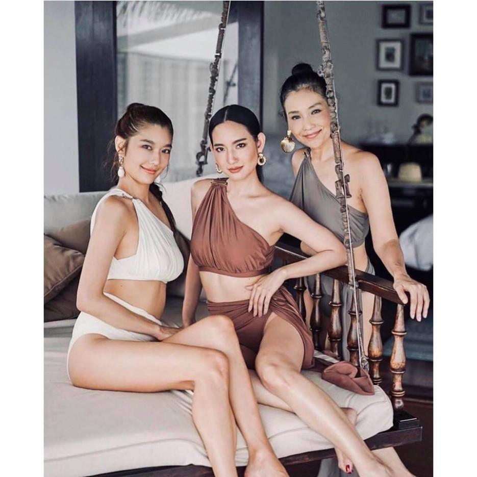 Bikini, bộ bơi áo lệch vai phối khoen vuông, quần nơ dài, phong cách Hy Lạp - EVA shop