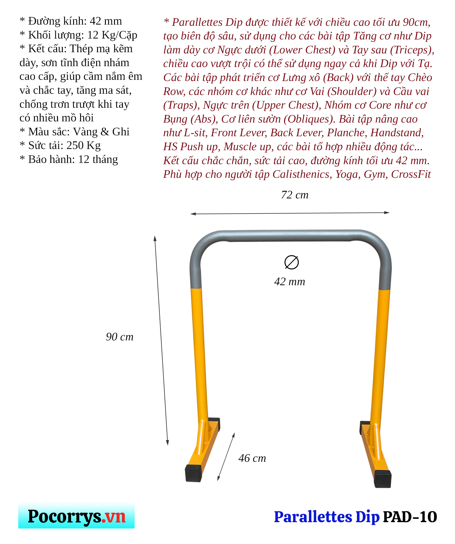 Xà kép Parallettes Dip cao 90cm, Pocorrys PAD-10, Màu ghi nhám - vàng