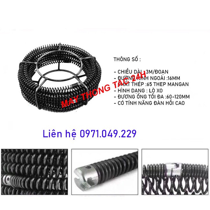 Dây thông tắc cống, đường ống đường kính 16mm dùng cho máy khoan dài 15m (bao gồm 6 đầu thông +1 đầu kết nối máy khoan)