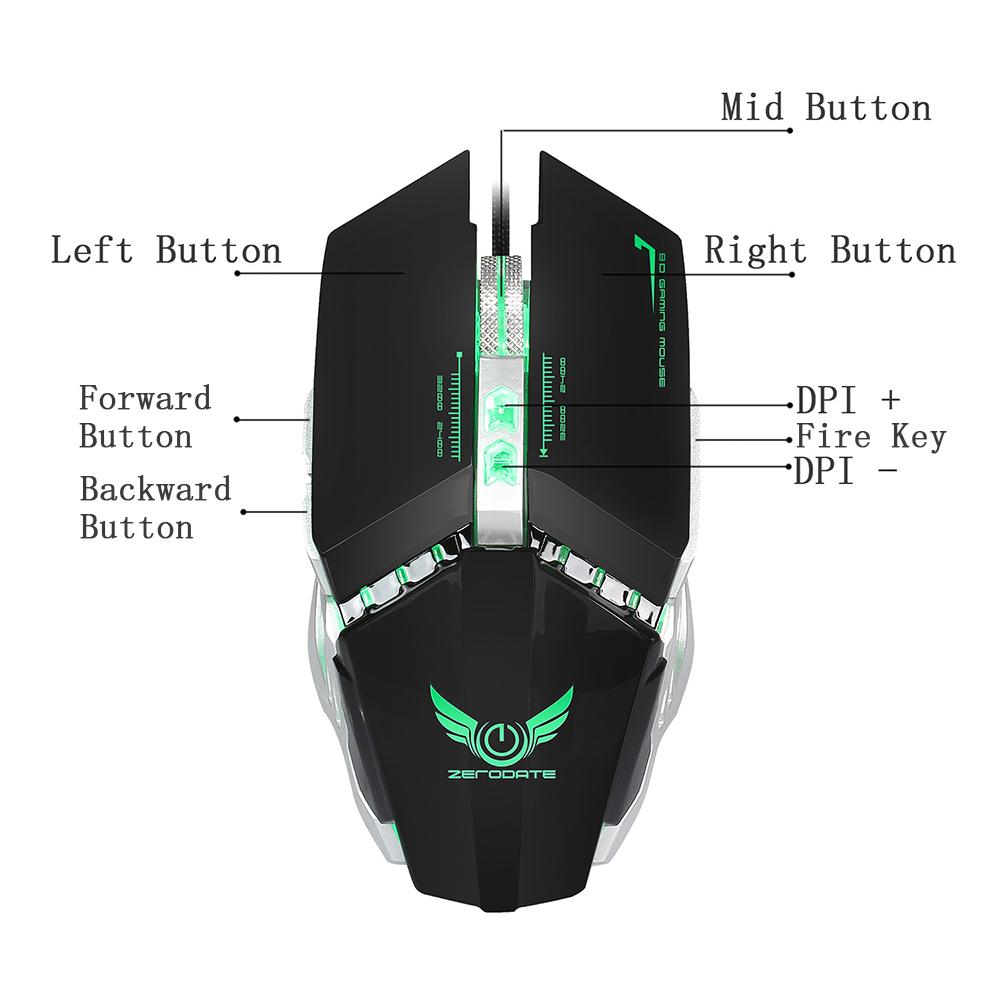 Chuột chơi game có dây ZERODATE X700 USB cơ học 3200DPI có thể điều chỉnh 8 nút