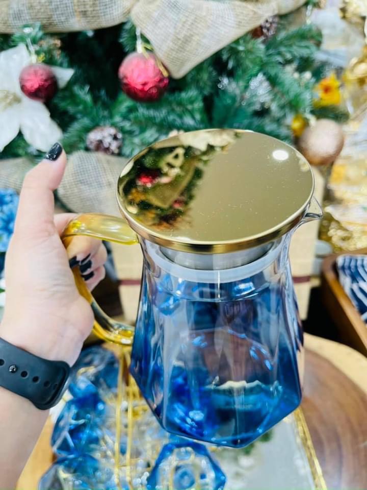 BỘ BÌNH ĐỤNG NƯỚC UỐNG THỦY TINH KÈM 6 CỐC VÂN KIM CƯƠNG MÀU XANH NƯỚC BIỂN - VD105