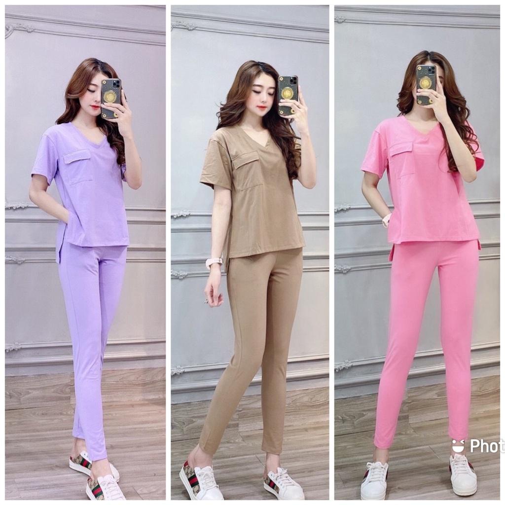 Đồ bộ thun cotton mặc nhà cổ tim túi xẻ tà-HT47