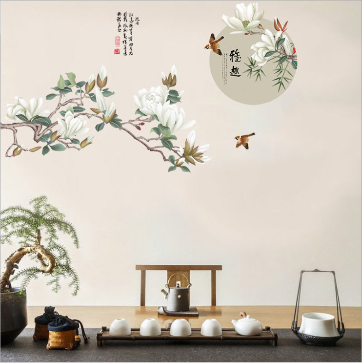 Decal dán tường Hoa mộc lan thủy mặc trang trí nhà cửa sang trọng, tinh tế (80 x 150 cm)