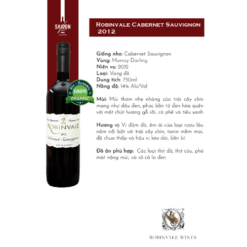 Rượu vang đỏ Robinvale Cabernet Sauvignon 2012 750ml 14% Alc