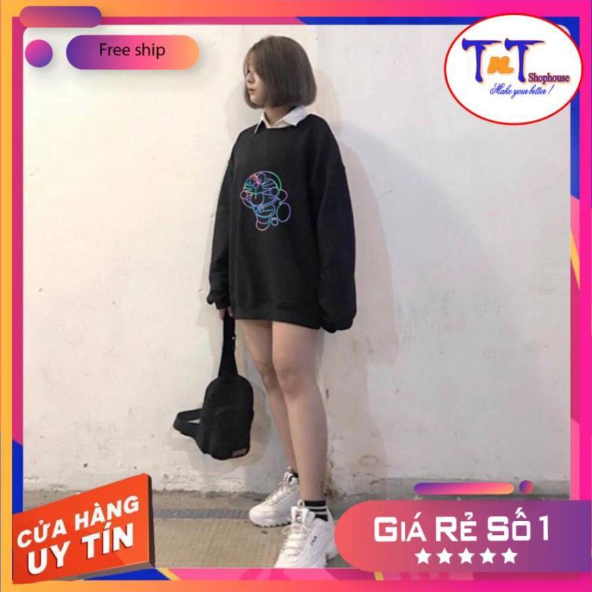 AS16 Áo Sweater Unisex ️/Áo nỉ Ulzzang phản quang unisex dài tay nam nữ - Doremon Lè Lưỡi