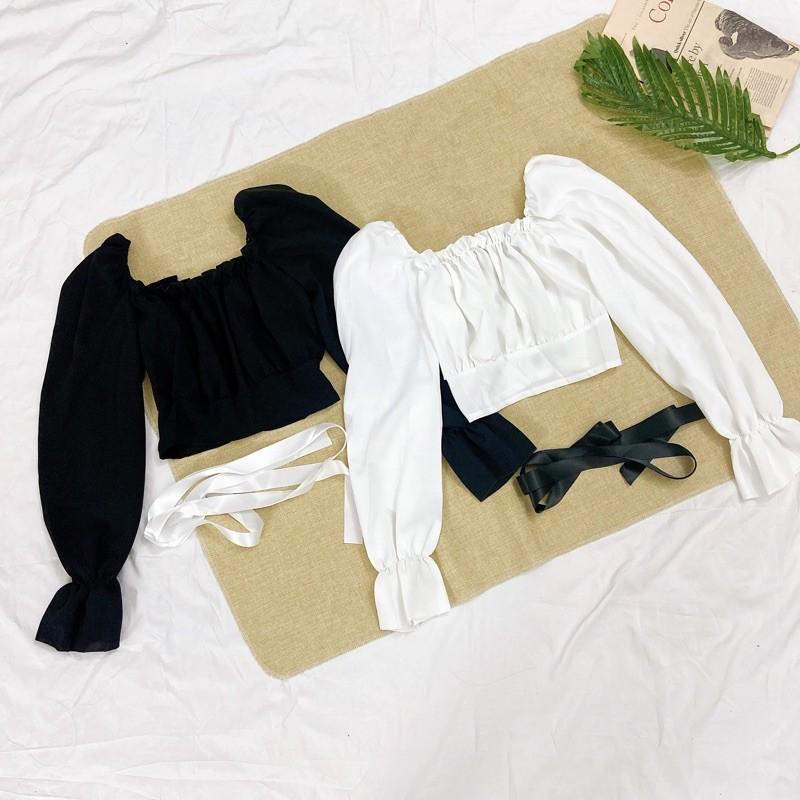 Áo kiểu trễ vai croptop đan dây nơ lưng mẫu 2021