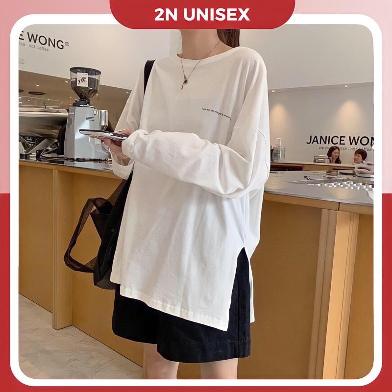 Áo thun tay dài nữ form rộng - phông dài tay oversize thêu chữ xẻ tà - 2N Unisex