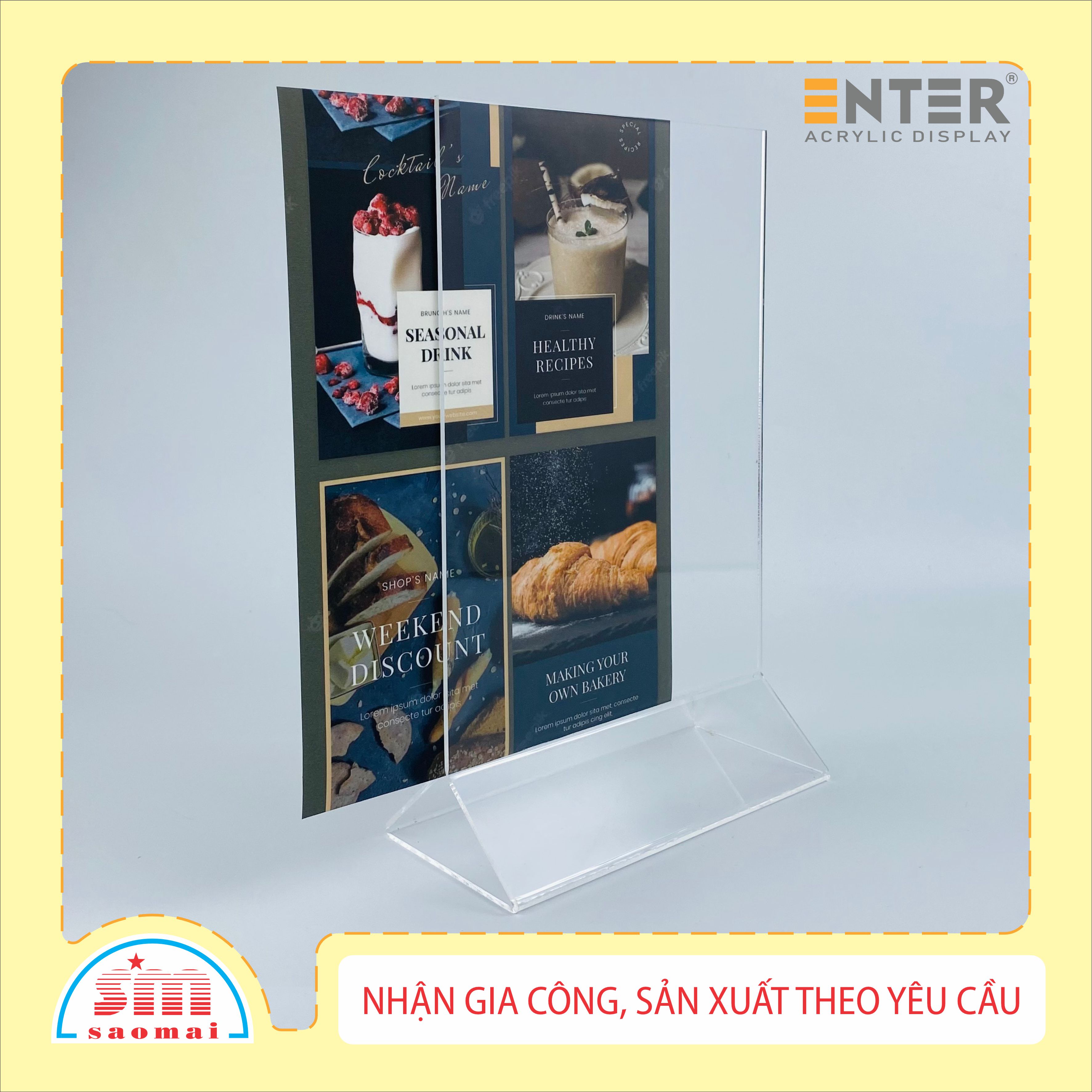 Kệ mica 2 mặt Enter E05 100x150mm chân tam giác