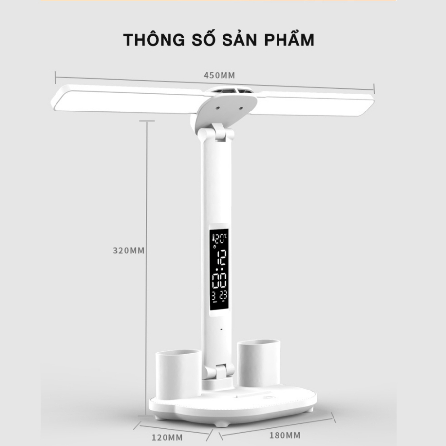 Đèn học chống cận chống cận, đèn đọc sách để bàn sạc pin 3 chế độ ánh sáng, màn hình LED hiện thị ngày - Hàng chính hãng