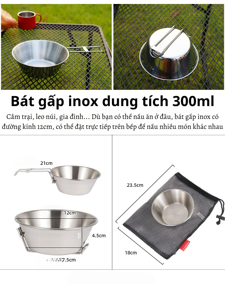 Bát gấp bằng thép không gỉ có túi đựng, Chén/tô gấp gọn di động bát cơm siêu nhẹ inox 304 cắm trại dã ngoại phượt