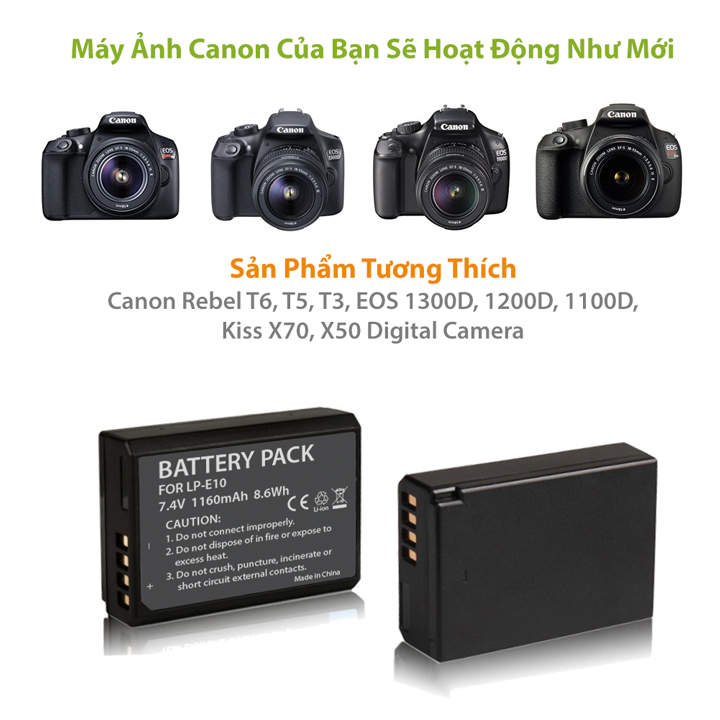Pin máy ảnh Canon LP-E10 LPE10 dành cho Canon EOS Rebel T3 T5 T6 Kiss X50 Kiss X70 EOS 1100D EOS 1200D EOS 1300D