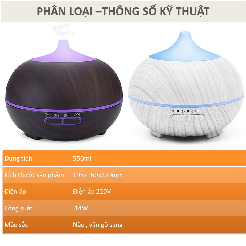 Máy khuếch tán bí ngô vân hạt gỗ trắng thiết kế mới 2019 siêu mạnh phun sương tạo ẩm xông tinh dầu 550ml - Aramacs