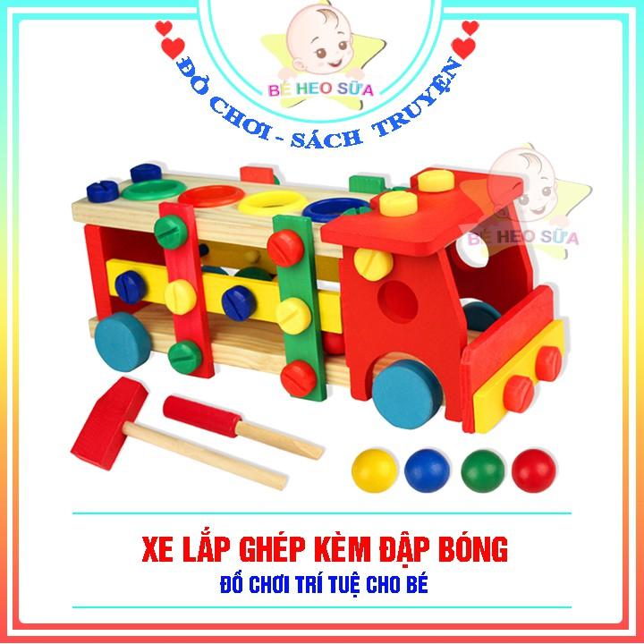 Xe lắp ghép xe tải gỗ kèm đập bóng cho bé học màu sắc, luyện vận động tinh và tập làm kỹ sư