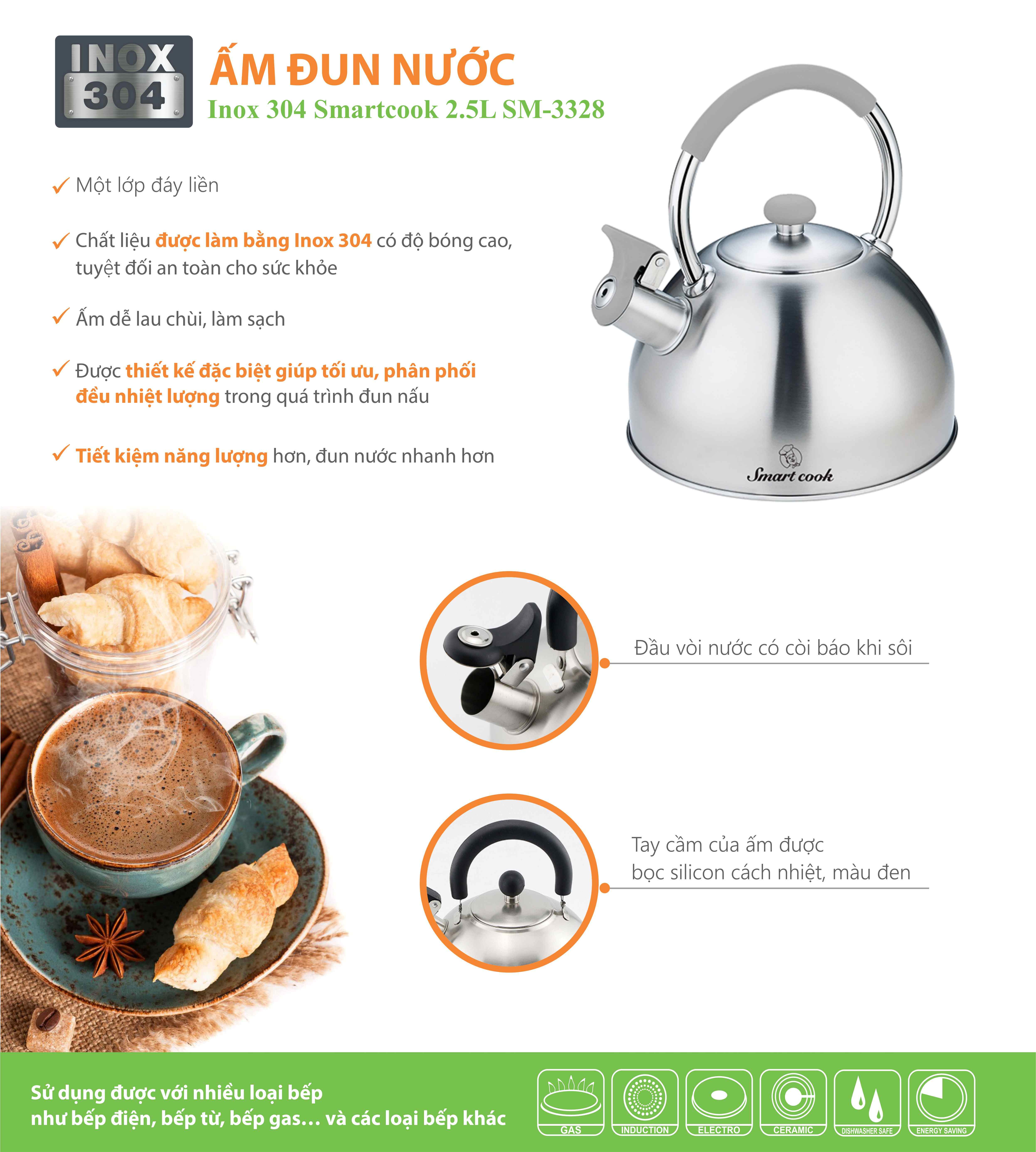 Ấm Đun Nước Siêu Tốc Bằng inox 304 Elmich Smartcook SM-3328 - Hàng Chính Hãng