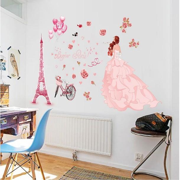 Decal trang trí tường - Sự Lãng Mạn của Tháp hồng và Phía sau Cô Gái