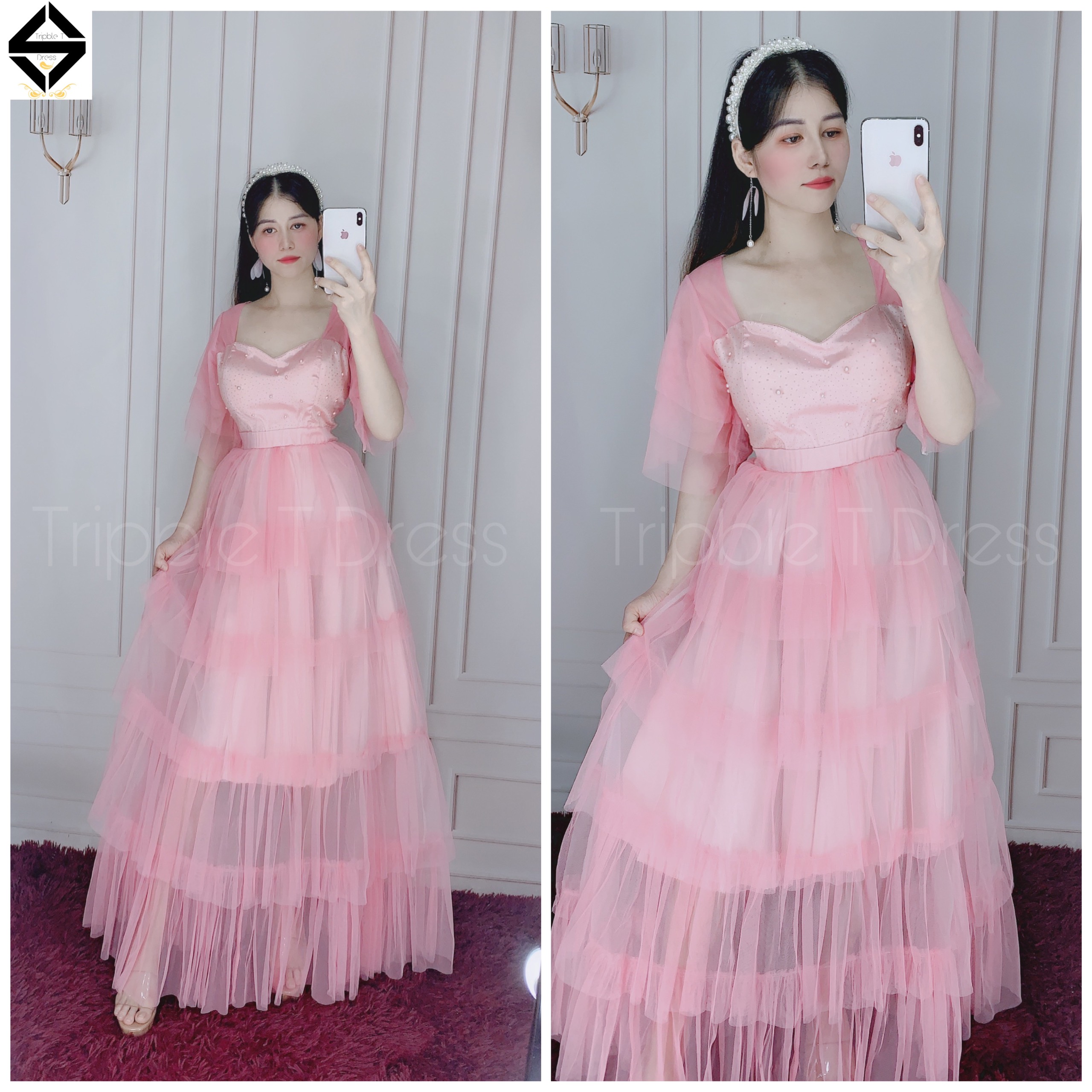 Đầm maxi dự tiệc lưới xếp tầng tay loa TRIPBLE T DRESS -size M/L - MS302V