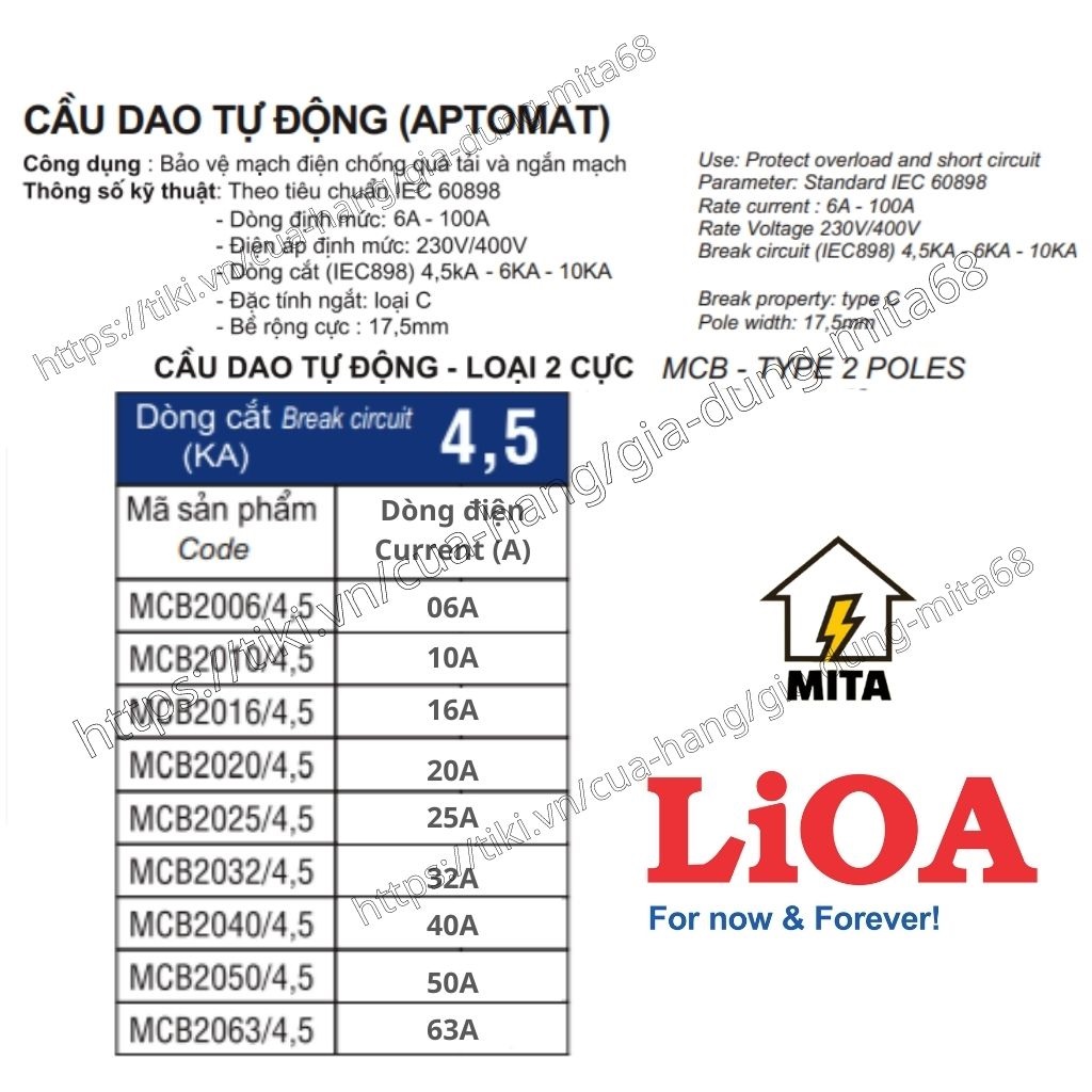 Cầu dao an toàn (APTOMAT) LIOA 2 Cực 6A đến 63A dòng cắt 4,5KA/10KA LIOA MCB2P