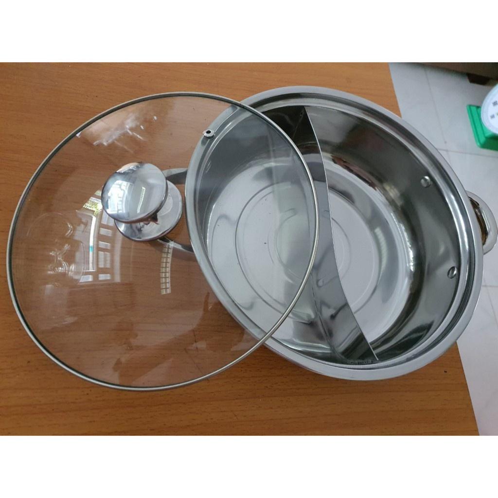 Nồi lẩu 2 ngăn loại 26 cm và 28 cm bằng Inox 430 nắp kính dùng được cả bếp Hồng ngoại và bếp Từ