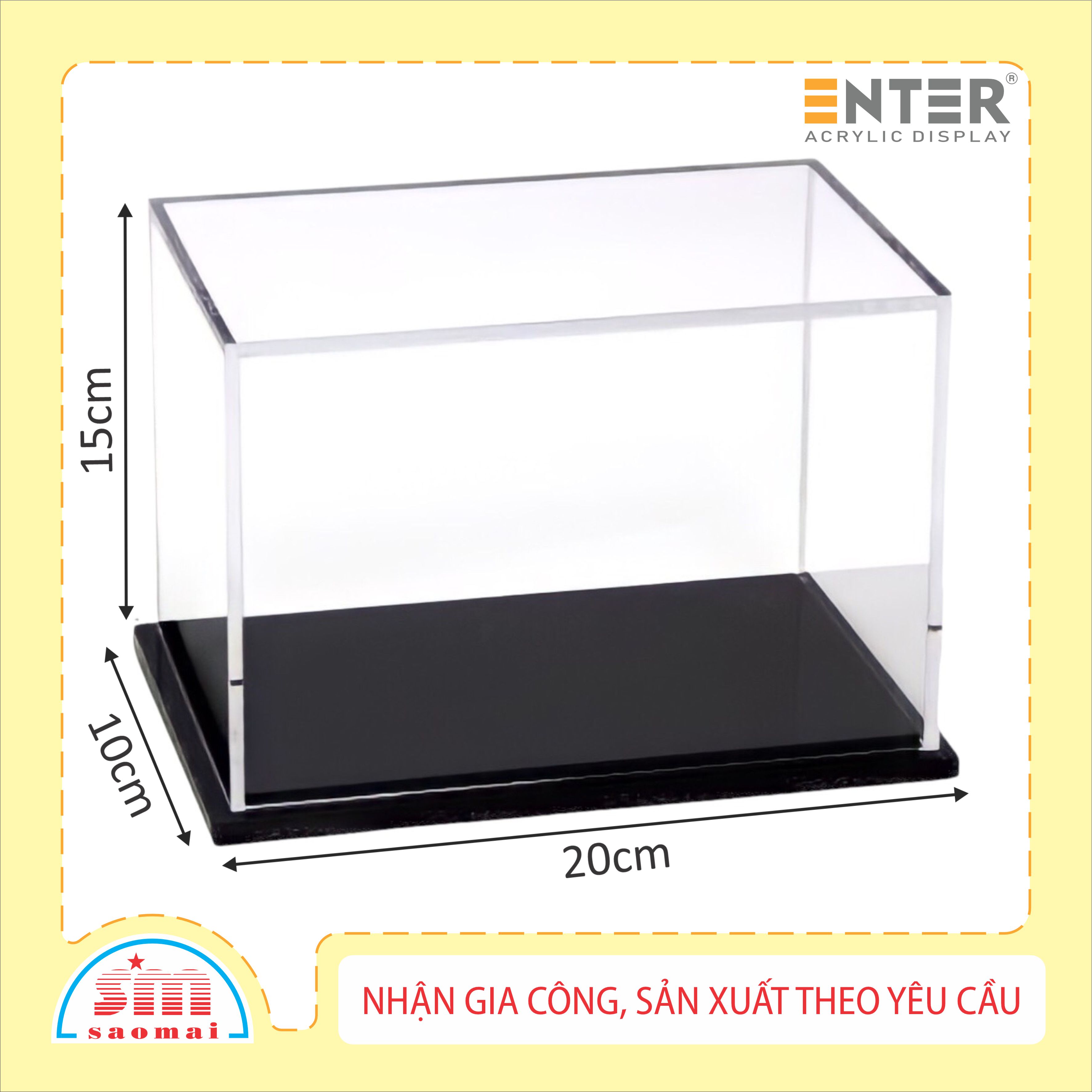 Hộp mica Enter BOX105 10x20x15cm mica dày 2mm, đế đen 5mmx2 chữ nhật nằm