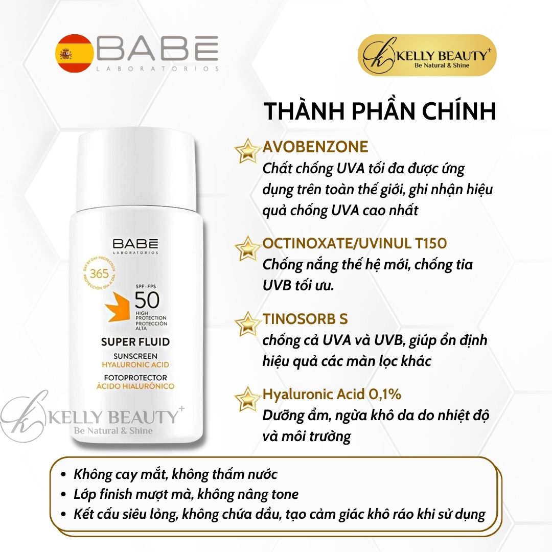 Kem Chống Nắng Dưỡng Ẩm BABE Super Fluid Sunscreen SPF 50 - Chống Tác Hại Tia UVA,UVB; Chống Trôi | Kelly Beauty