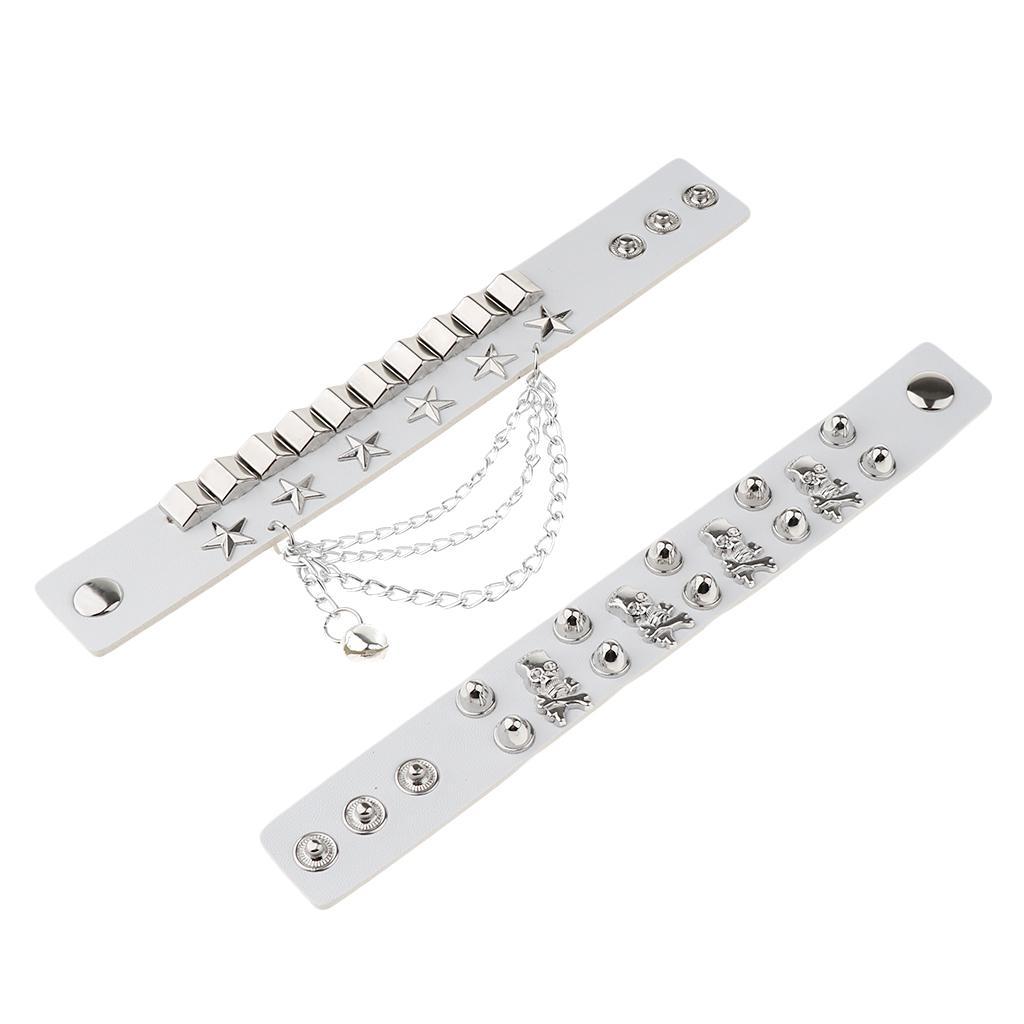 Layered Gothic  Bracelet Rivet Leather  Bangle Wristband White