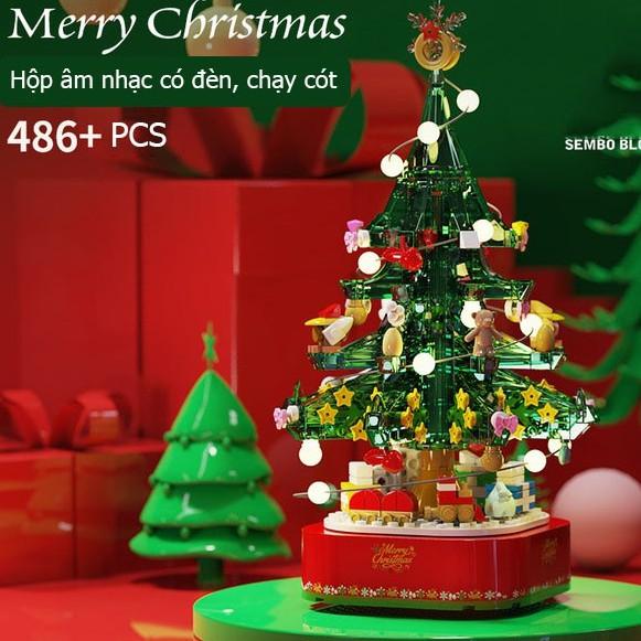 Đồ chơi xếp hình Lego hộp âm nhạc dây cót có đèn xoay tròn hình cây thông Noel, quà tặng giáng sinh ý nghĩa 601097