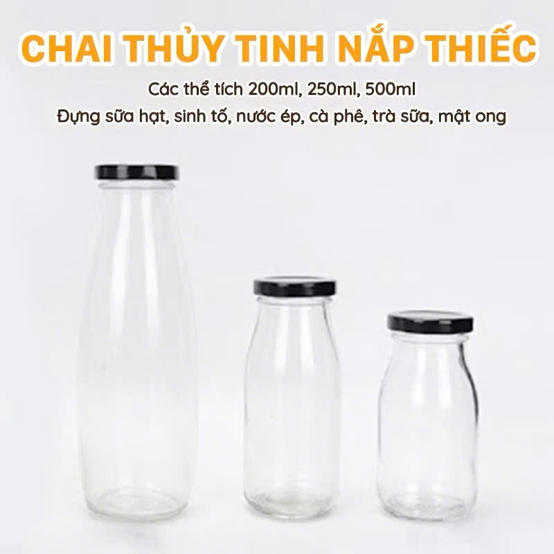 Chai Thủy Tinh Đựng Sữa Hạt, Nước Ép, Trà Sữa - Nắp Thiếc, Nắp Nhôm, Nắp Nhựa 300ml, 500ml - HÀNG CHÍNH HÃNG MINIIN