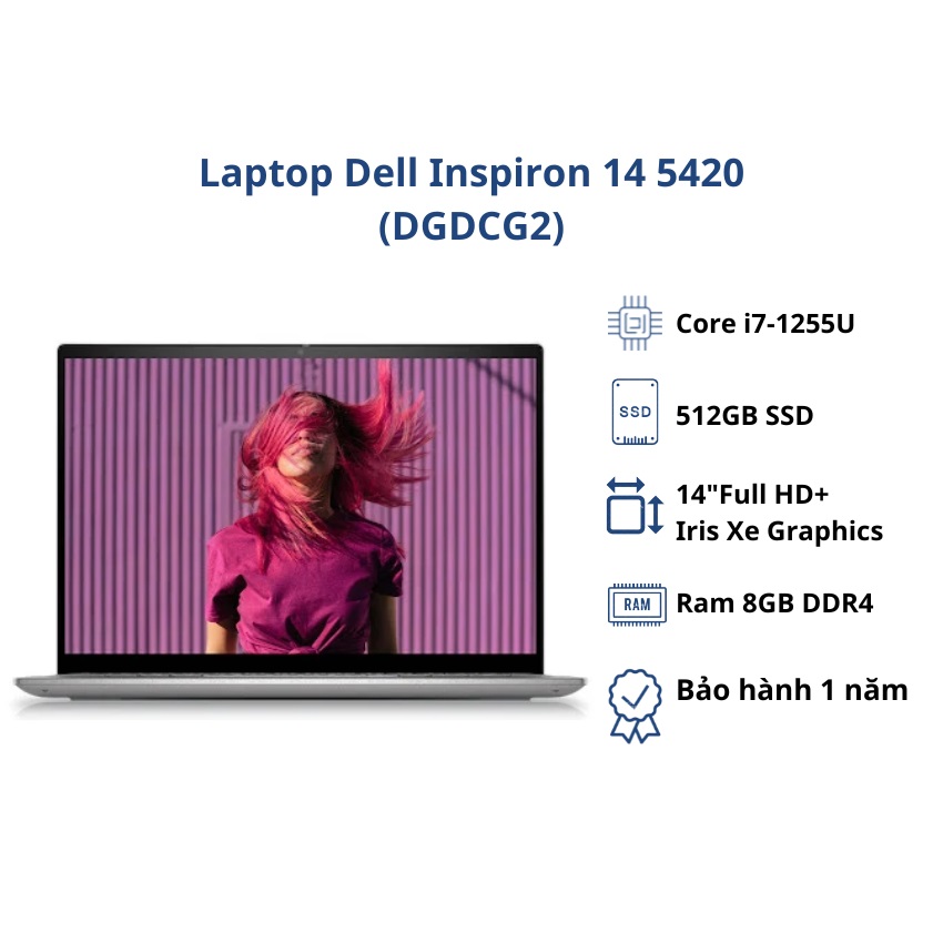 Laptop DELL Inspiron 14 5420 (DGDCG2)/ Bạc/ Intel Core i7-1255U /RAM 8GB/512GB SSD/ Windows 11 + Office - Hàng chính hãng