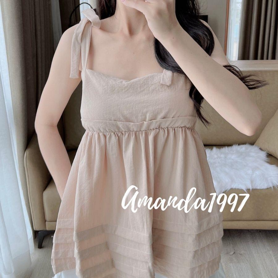 {Amanda} Set áo hai dây buộc nơ xốp mix quần short trắng ngây thơ - set áo 2 dây 5 màu thời trang nữ