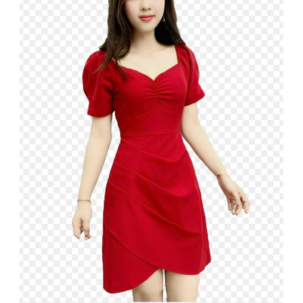 Đầm đỏ tay phồng xếp ly siêu xinh