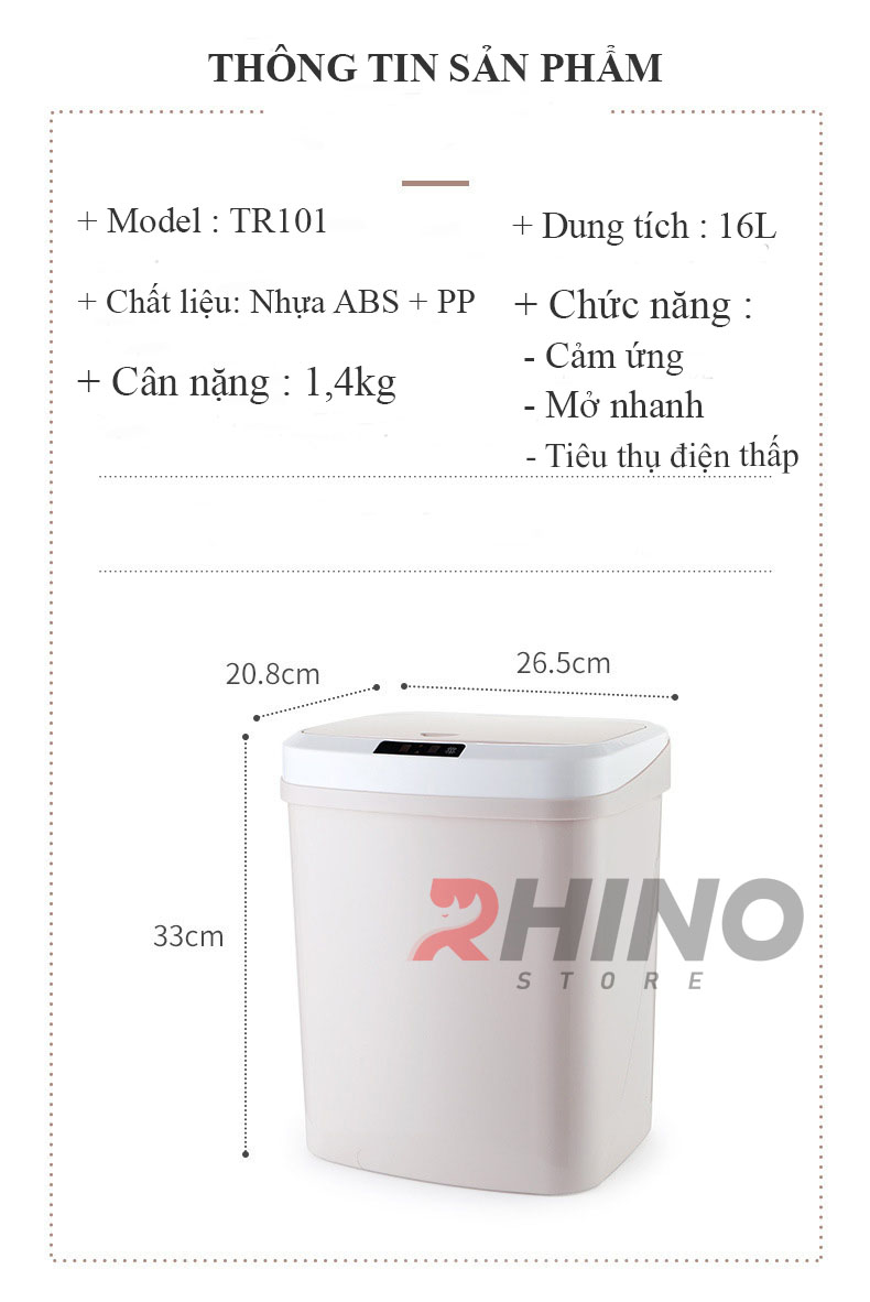 Thùng rác cảm ứng thông minh Rhino TR101 thể tích 16L có nắp đóng mở tự động - Hàng chính hãng