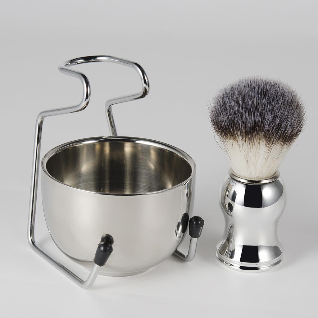 Stainless Steel Shaving Brush Set Brush Stand Holder Bowl Mug Kit