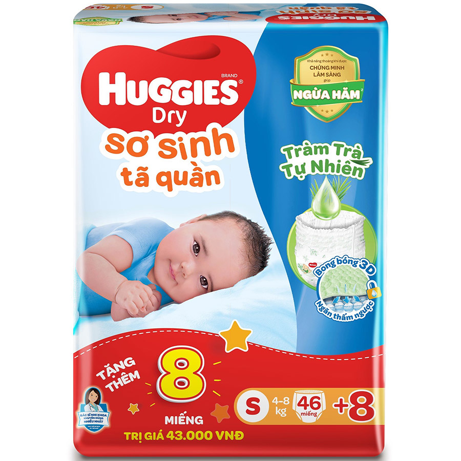 Tã quần Huggies Dry cỡ S mới (4kg-8kg) - Gói 46 miếng Tràm Trà + Tặng 8 miếng