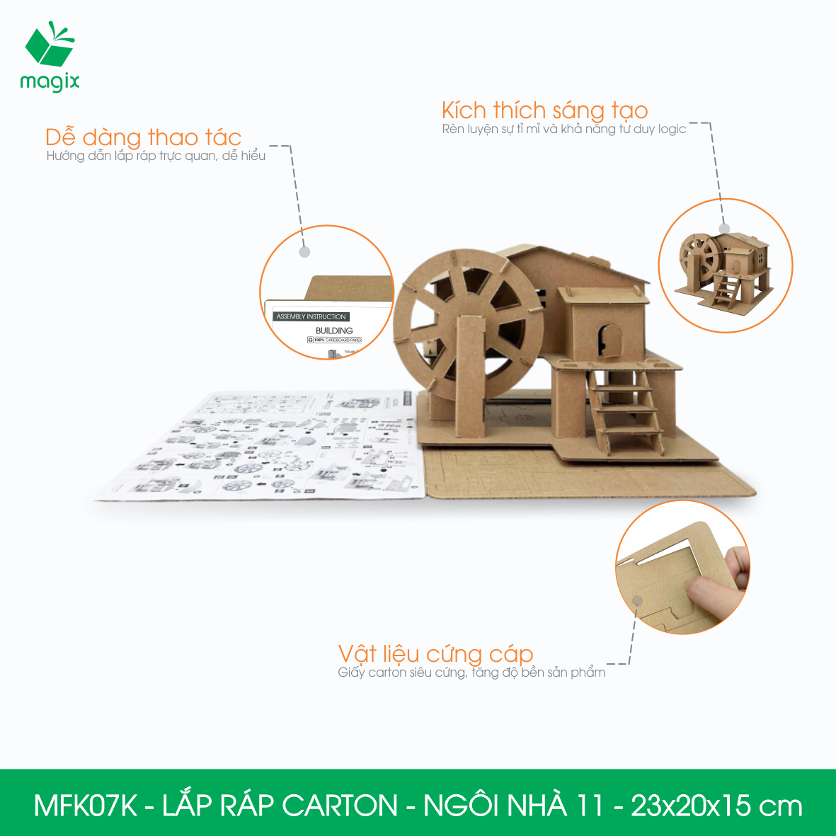 MFK07K - 23x20x15 cm - Mô hình ngôi nhà lắp ráp từ bìa carton cao cấp, nhà giấy carton mini sáng tạo