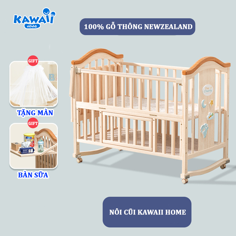 Cũi Gỗ Cho Bé, Giường Cũi Cho Bé 2 Tầng Kawaii Home (Tặng Kèm Màn Chống Muỗi Cho Bé)