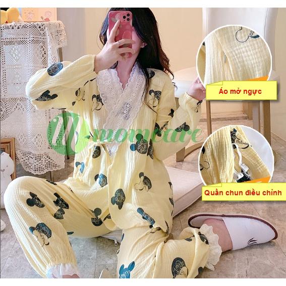 Bộ đồ bầu sau sinh và cho con bú ti XÔ NHẬT thô đũi Đẹp, mát - Pijama thời trang, Pizama mặc nhà dài tay cho mẹ Bigsize 2022