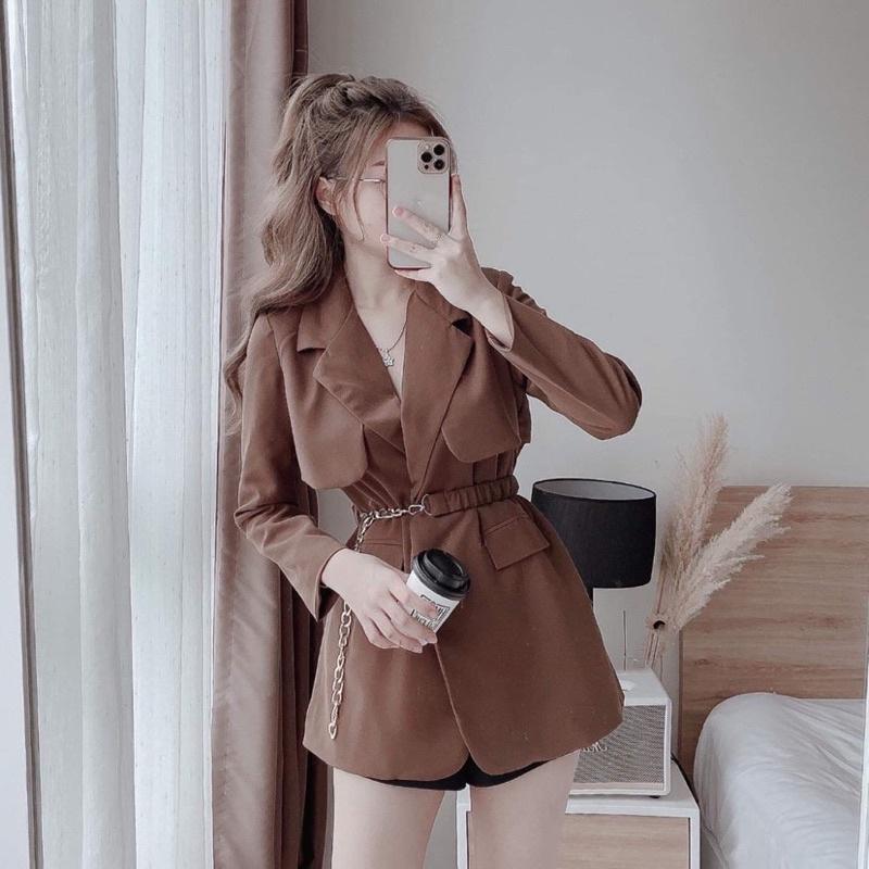 Set áo vest blazer kèm đai màu nâu và đen sang trọng cho nữ