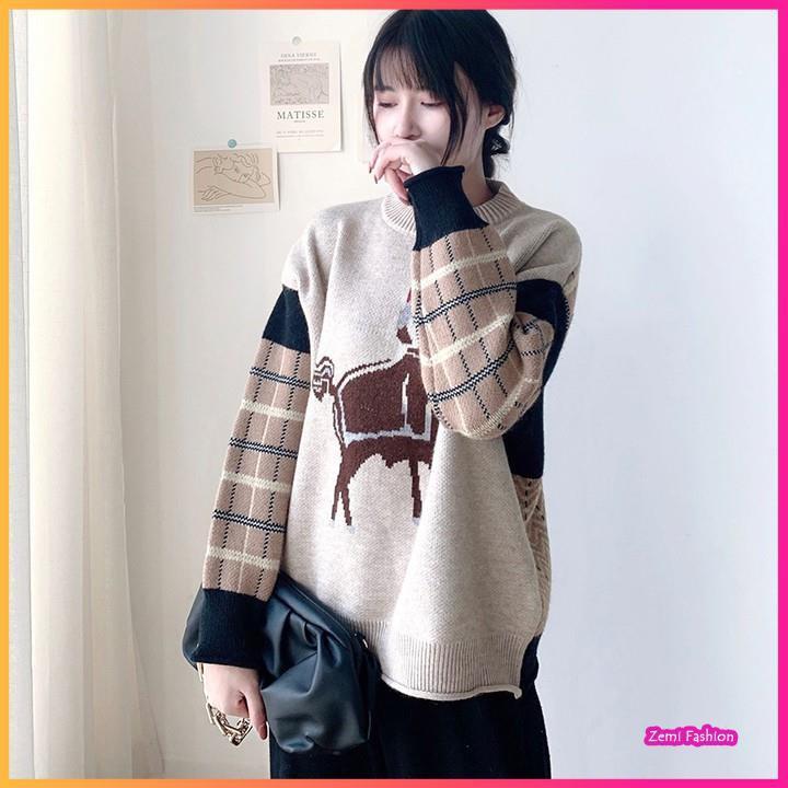 Áo len ulzzang nữ họa tiết form rộng cổ tròn thêu hình con dê dễ thương