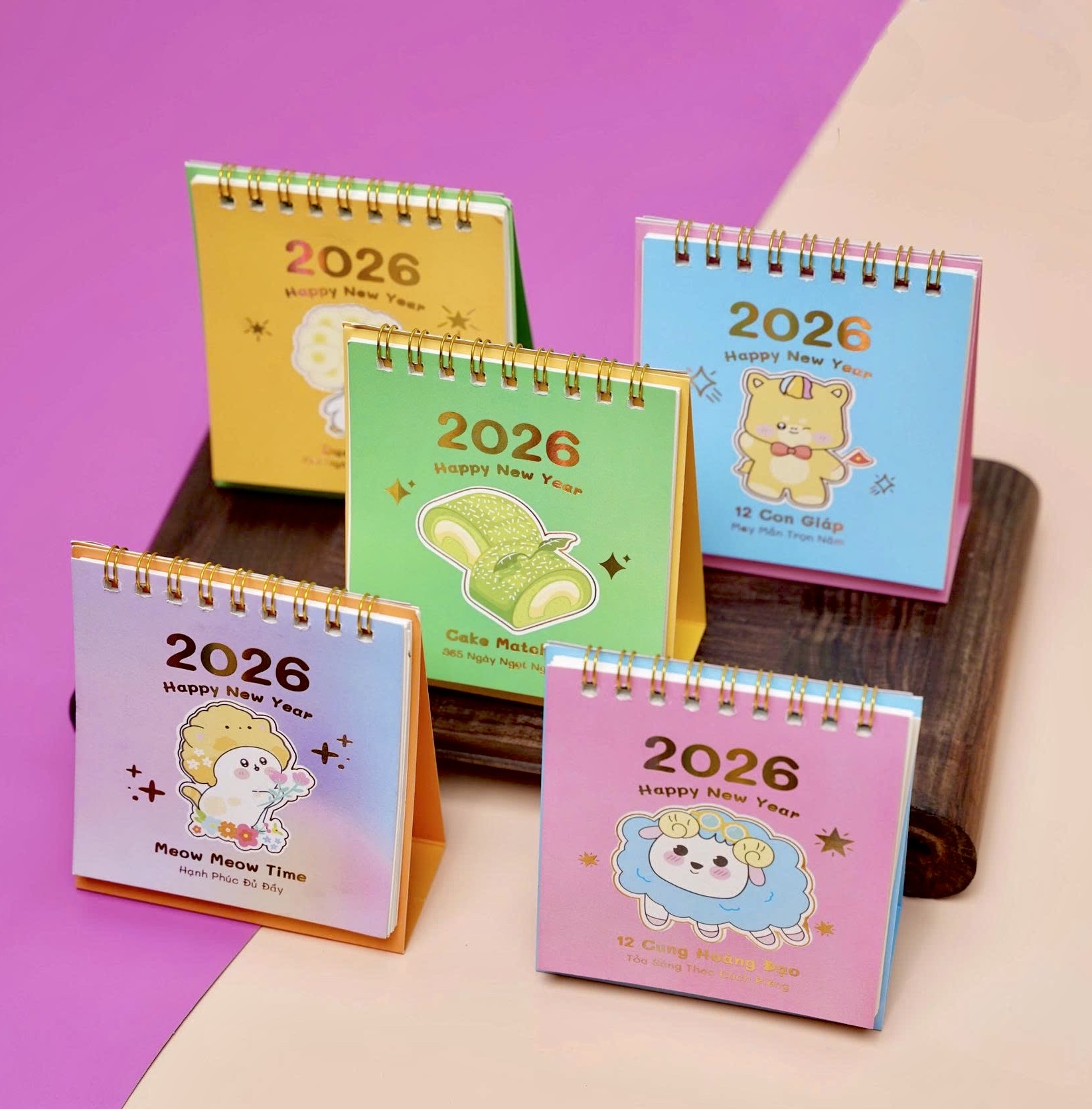 Lịch Để Bàn Mini 2026 – Bộ 5 Cuốn Lịch Có Note Kèm Sticker Trang Trí Dễ Thương (9x10.5cm) Bộ 5 Cuốn